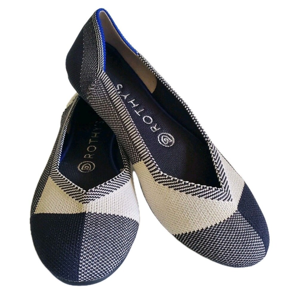 Rothy’s The Flat Round Cap Toe BLK/Cream Buffalo Plaid Sz 7 Slip-On Ballet Vegan